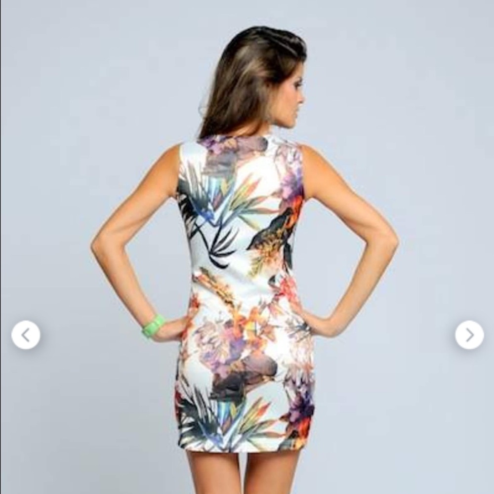 Sara Boo Silky White Tropical Floral Orchid Colorful Mini Sleeveless Lined Dress